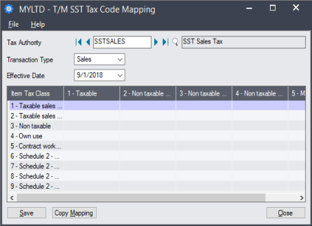 Image of the T/M SST Tax Code Mapping screen
